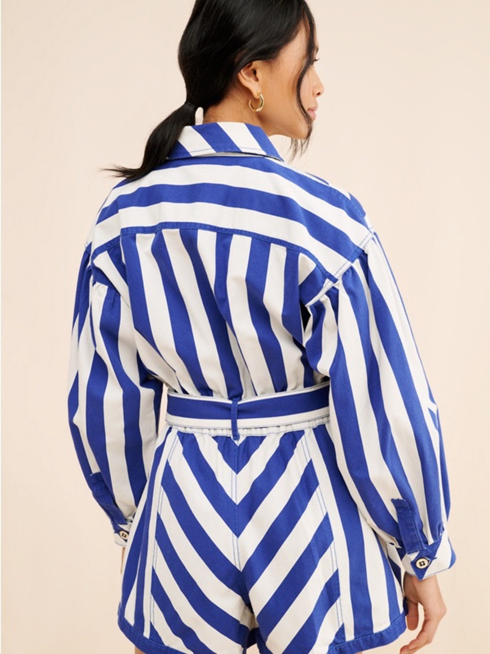 FARM Rio Blue and White Striped Button-Front Tie-Waist Romper - Picture 2 of 4